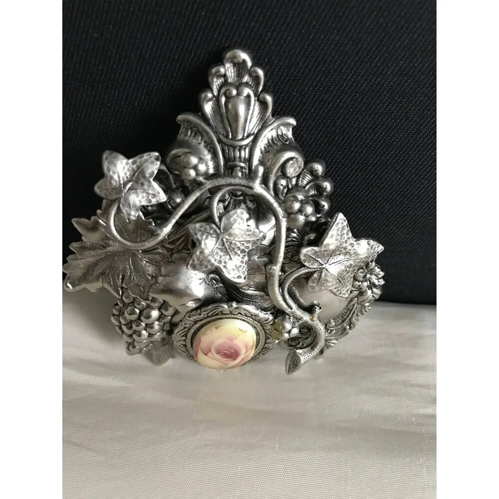 Vintage Silver tone 3D Rose Brooch Pendant